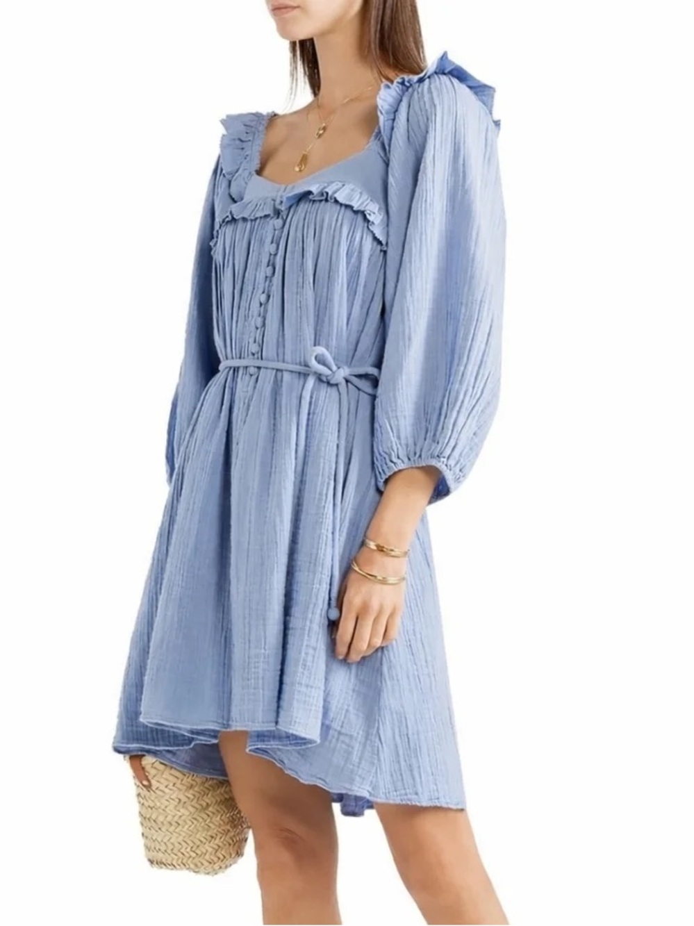 NEW Apiece Apart Va Bene Ruffled Cotton Crepon Dress Cornflower Blue NWT